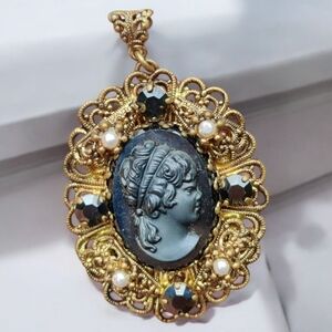 Vintage Western Germany Hematite Relief Black Glass Cameo Pendant
